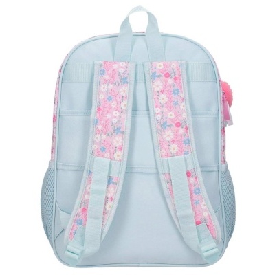 mochila azul clara com alças florais cor-de-rosa vista de trás