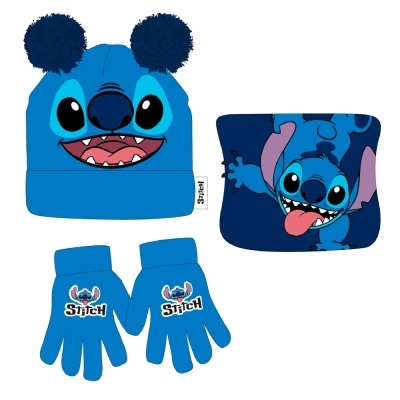 Conjunto gorro, cachecol e luvas infantis azuis com personagem Stitch
