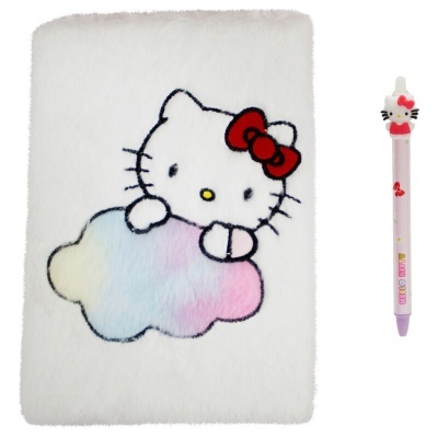 Caderno peludo com desenho da Hello Kitty e caneta rosa com figura 3D da Hello Kitty.