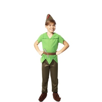 Menino com traje infantil verde e castanho de fantasia em fundo branco