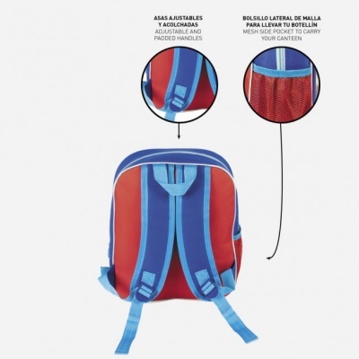 Mochila vermelha e azul com alças acolchoadas e bolso lateral de malha