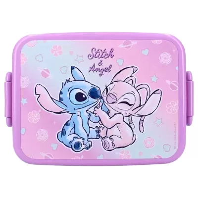 Caixa de lanche lilás com desenho de Stitch e Angel e texto 'Stitch & Angel'