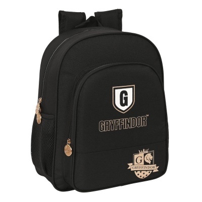 Mochila preta com logos e fechos dourados de Gryffindor