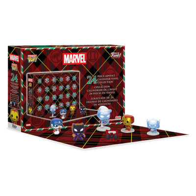 Calendário do advento Marvel com miniaturas Pocket Pop! Funko e embalagem xadrez vermelha