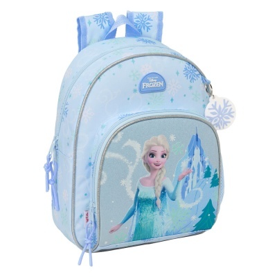 Mochila azul clara com imagem da Elsa do Frozen e padrão de flocos de neve