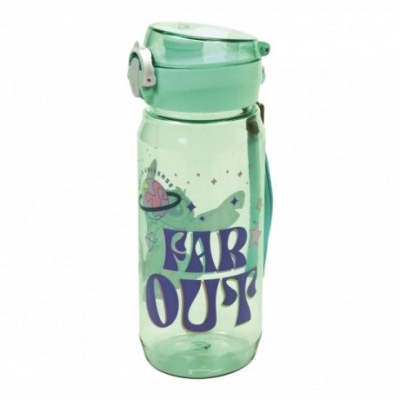 garrafa de plástico verde com tampa e texto FAR OUT