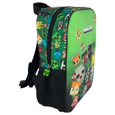 Mochila verde com personagens do Minecraft e bolso lateral em rede preta