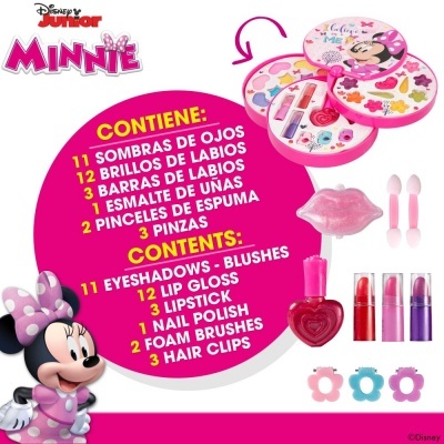 Kit de maquilhagem Minnie com sombras, brilhos, barras de lábios, verniz, pincéis e ganchos para cabelo