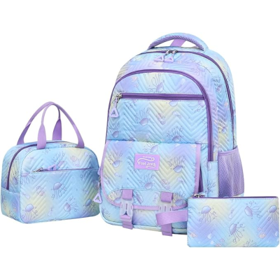 Conjunto de mochila e estojos lilás e azul com padrão de planetas e estrelas