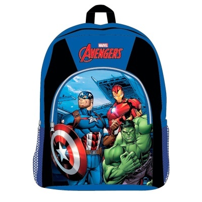Mochila azul e preta com os heróis da Marvel Avengers impressos na frente
