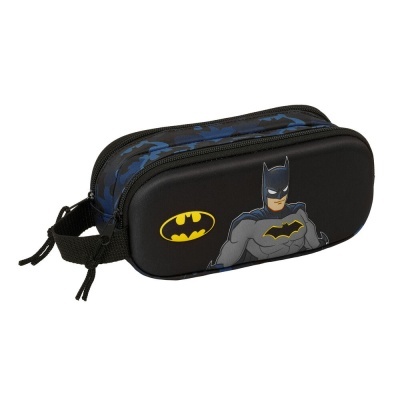 Estojo escolar Batman preto e azul com imagem do Batman e símbolo amarelo