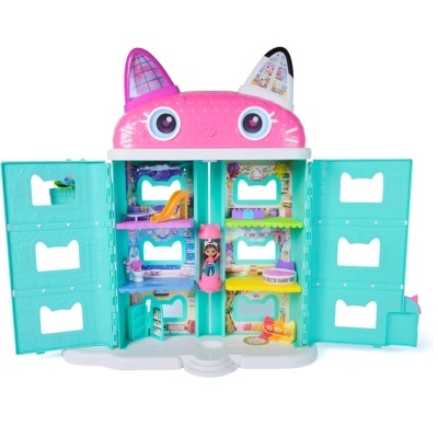 Brinquedo casa de gato rosa e azul turquesa com portas abertas e interior detalhado