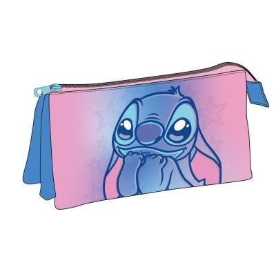 Estojo reto rosa e azul com personagem azul e estrelas ao fundo