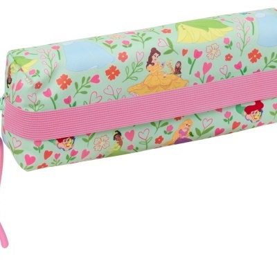 Estojo retangular verde claro com padrão de personagens Disney e faixa elástica rosa
