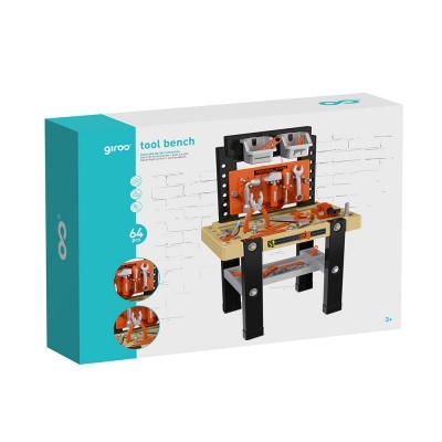 Brinquedo banco de trabalho com ferramentas em madeira e plástico na embalagem