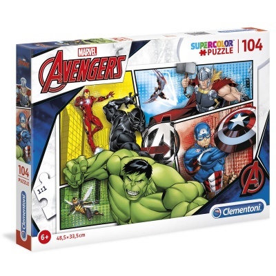 Caixa de puzzle Avengers com 104 peças e imagem colorida dos super-heróis