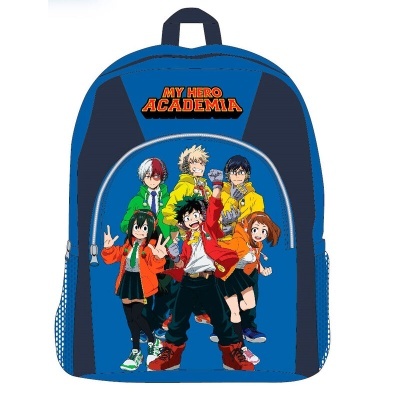 Mochila azul com imagem dos personagens do anime My Hero Academia e texto MY HERO ACADEMIA