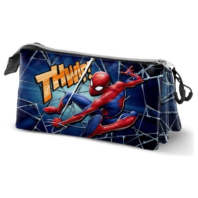 Estojo escolar com estampa do Homem-Aranha em fundo azul com teias e texto THWIP