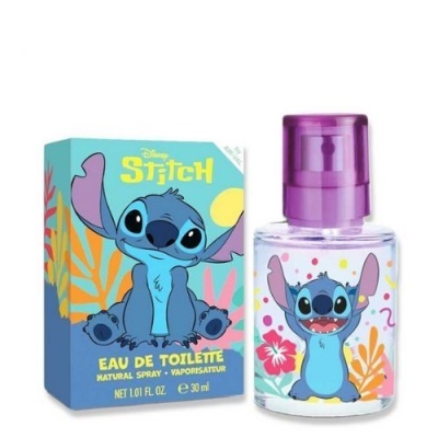 Frasco e caixa de eau de toilette Disney Stitch com imagem do personagem Stitch colorido