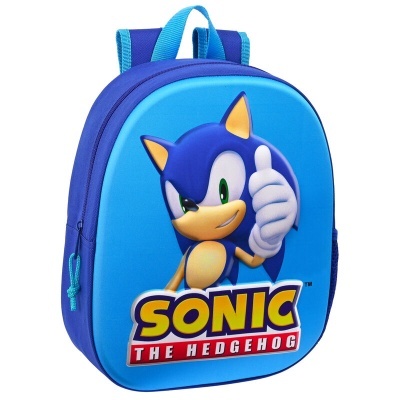 Mochila infantil azul com personagem Sonic the Hedgehog e texto