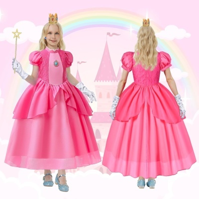 Vestido cor-de-rosa para criança tipo princesa com coroa e luvas brancas