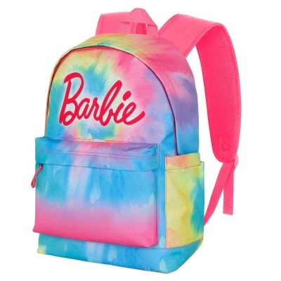 Mochila tie-dye colorida com texto Barbie vermelho e alças cor-de-rosa