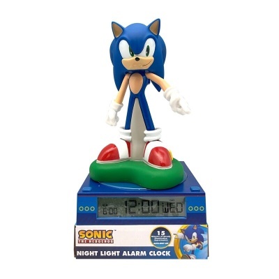 Relógio despertador com figura Sonic the Hedgehog sobre base e mostrador digital