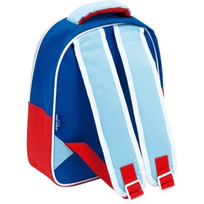 Mochila infantil azul, azul claro e vermelha com alças acolchoadas.