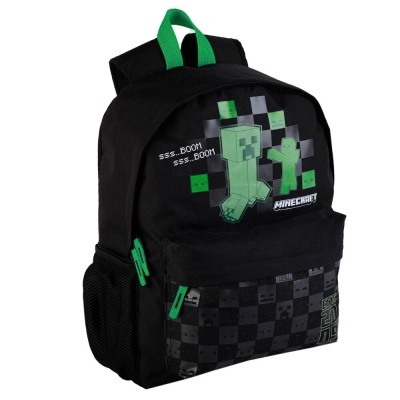 Mochila preta com personagens do Minecraft e detalhes verdes