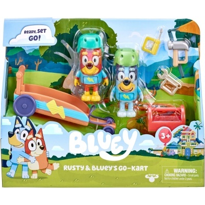 Brinquedo Bluey Rusty & Bluey's Go-Kart com figuras e acessórios em embalagem colorida