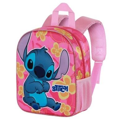 Mochila infantil rosa com personagem Stitch e flores amarelas