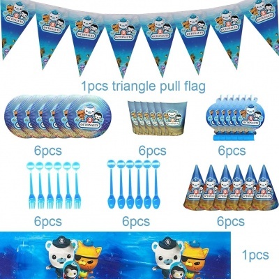 Conjunto de festa Os Octonautas com chapéus, talheres, pratos, copos, bandeira triangular e toalha de mesa