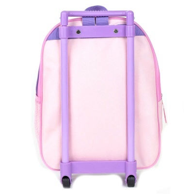 Mochila de criança rosa e lilás com rodas e estrutura rígida traseira lilás