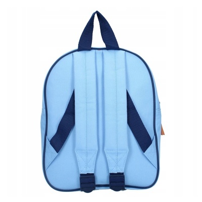 Mochila azul claro com alças azuis escuras vista de trás