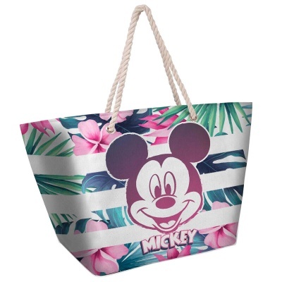 Saco de praia estampado com rosto do Mickey Mouse e flores
