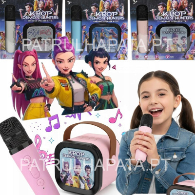 Kit de karaoke KPOP Demon Hunters com microfone rosa e altifalante quadrado rosa com pega castanha