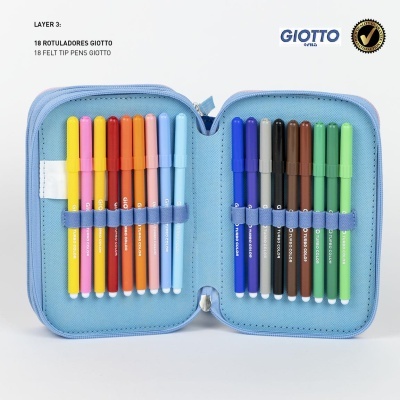 Estojo azul claro aberto com 18 marcadores de ponta de feltro Giotto em várias cores