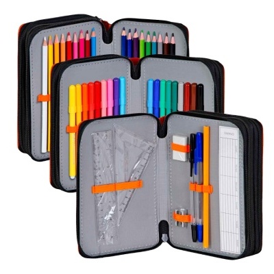 Estojo escolar cinzento com lápis de cor, canetas, réguas e lápis