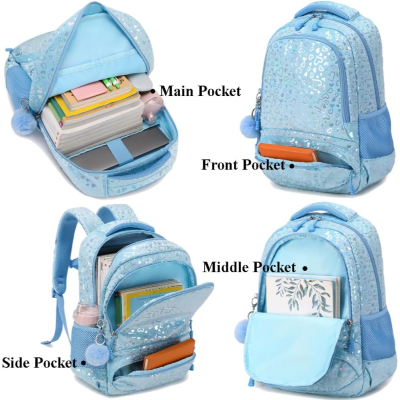 Mochila azul clara com padrão prateado e vários bolsos preenchidos com objetos escolares