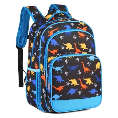Mochila infantil preta com dinossauros coloridos e detalhes azuis