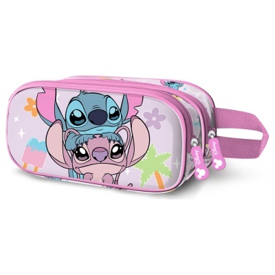 Estojo escolar cor-de-rosa com estampa de personagens Stitch e decoração tropical