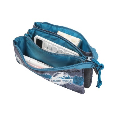 Necessaire azul e cinzenta com logo Jurassic World e fechos de correr