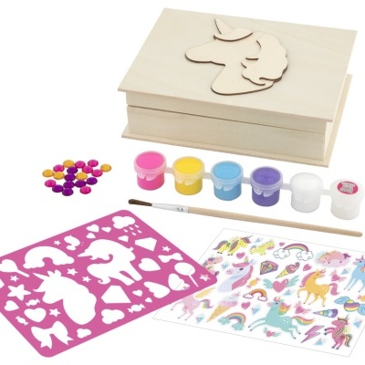 Conjunto de pintura com caixa de madeira, stencil, tintas, pincel e autocolantes de unicórnio