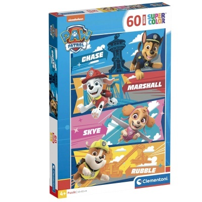 Embalagem de puzzle Paw Patrol com 60 peças mostrando personagens Chase, Marshall, Skye e Rubble