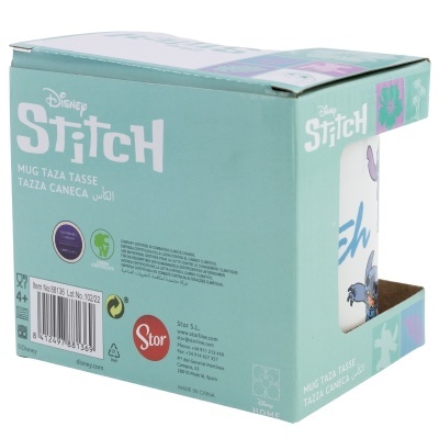 Caixa verde-água para caneca Disney Stitch com texto branco e janela mostrando caneca branca com Stitch