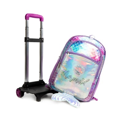 Mochila holográfica de sereia lilás com base de rodas e puxador roxo