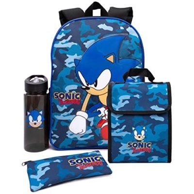 Conjunto de mochila, lancheira, estojo e garrafa com personagem Sonic e padrão camuflado azul