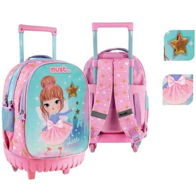 Mochila infantil rosa com roda e desenho de bailarina