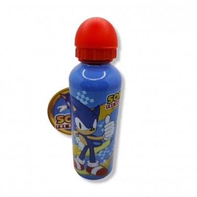 Garrafas de bebida com personagem Sonic e tampa vermelha