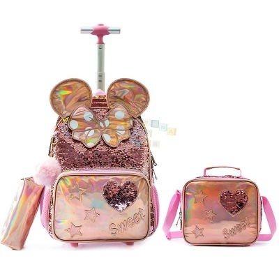 Conjunto de mochila de rodinhas, estojo e bolsa térmica rosa com lantejoulas e detalhes holográficos